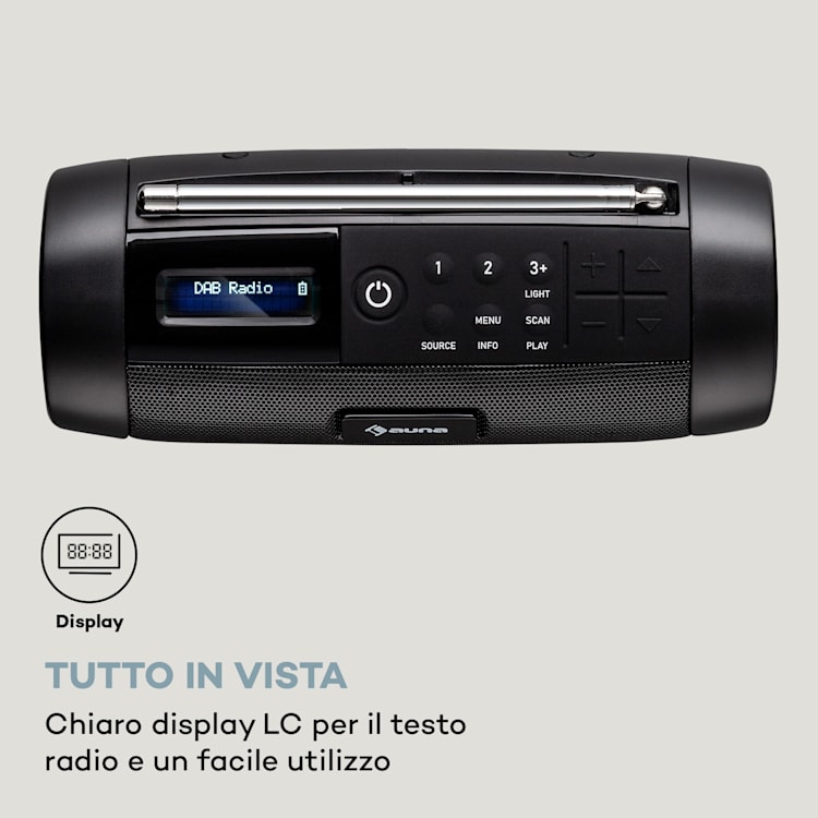 Blaster DAB - Cassa Bluetooth portatile, con radio DAB/DAB+/FM, batteria, LCD Nero