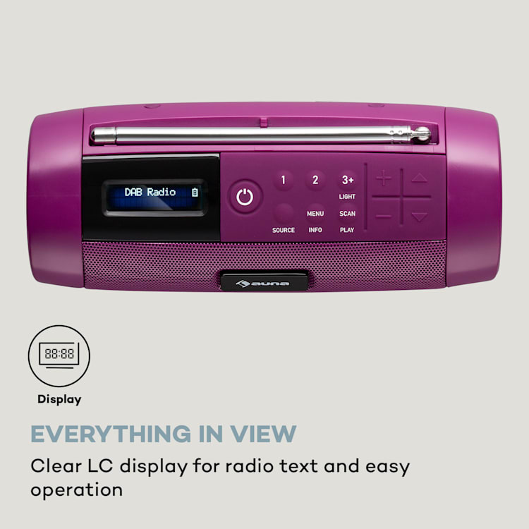 Blaster DAB Radio, prenosný Bluetooth reproduktor, DAB/DAB+/FM, batéria, LCD Fialová