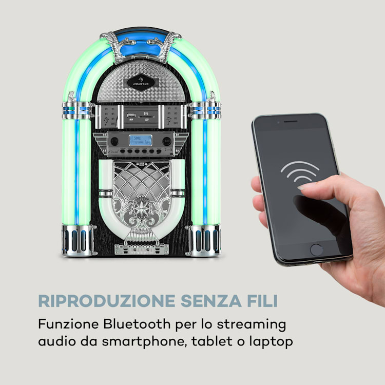 Arizona DAB+ jukebox, BT, radio DAB+/FM, USB, SD, MP3, lettore CD Nero