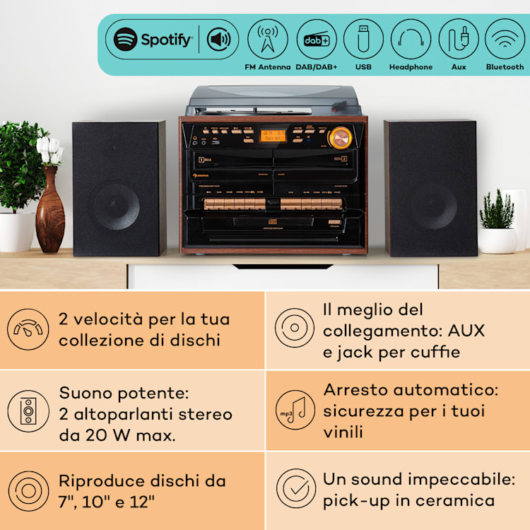 388-DAB+ impianto stereo 20W max., vinile, CD, cassette, BT, FM/DAB+, USB, SD Legno scuro