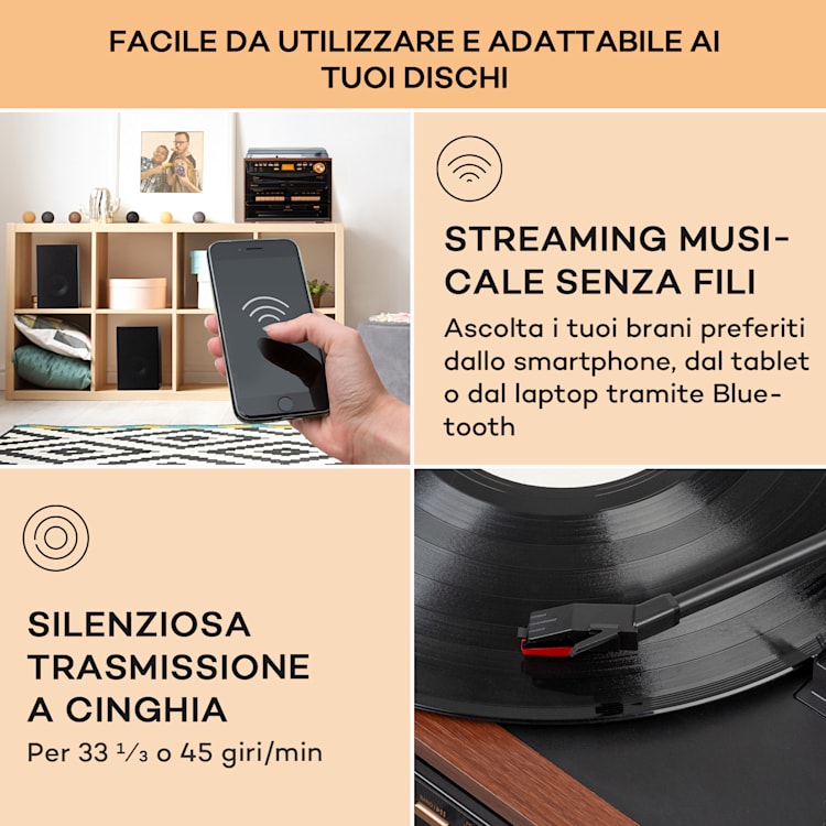388-DAB+ impianto stereo 20W max., vinile, CD, cassette, BT, FM/DAB+, USB, SD Legno scuro