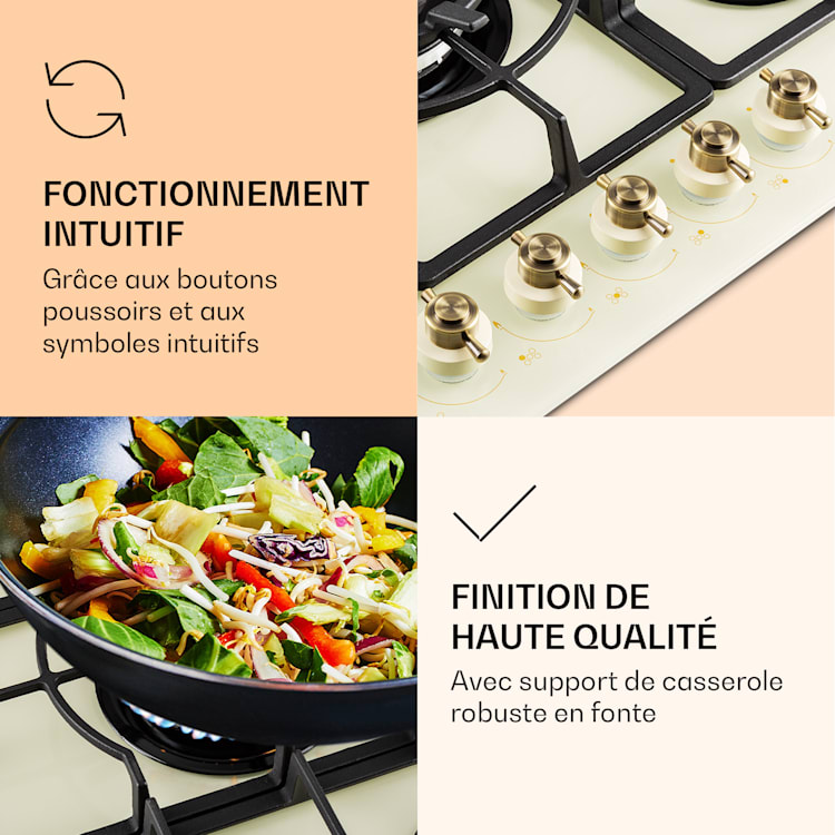 Victoria 5 Table de cuisson à gaz 5 feux brûleur Sabaf vitrocéramique look rétro Ivoire