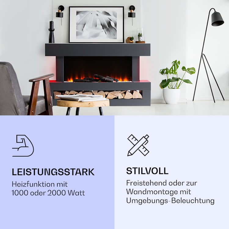 Studio Light & Fire 3 Smart Kamin 1000/2000W MDF WiFi-Steuerung Dunkelgrau