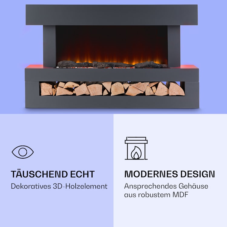 Studio Light & Fire 3 Smart Kamin 1000/2000W MDF WiFi-Steuerung Dunkelgrau