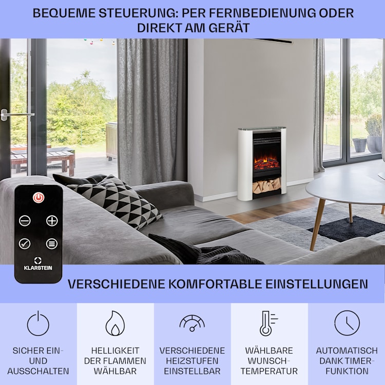 Studio 5 Arc Elektrokamin 1800 W LED-Flammen Heizlüfter Fernbedienung Weiß