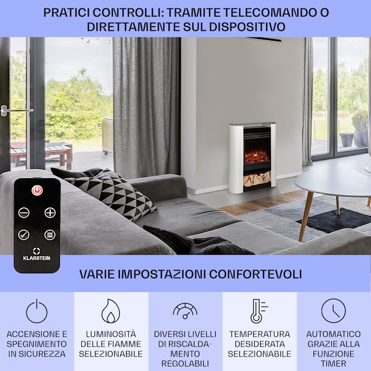 Studio 5 Arc camino elettrico, 1800 W, fiamme a LED, termoventilatore, telecomando Bianco