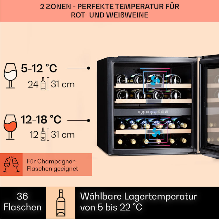 Vinsider 36 Quartz Edition Weinkühlschrank 2 Kühlzonen 5-22°C 85l 36 flaschen / 2 Kühlzonen | Quartz