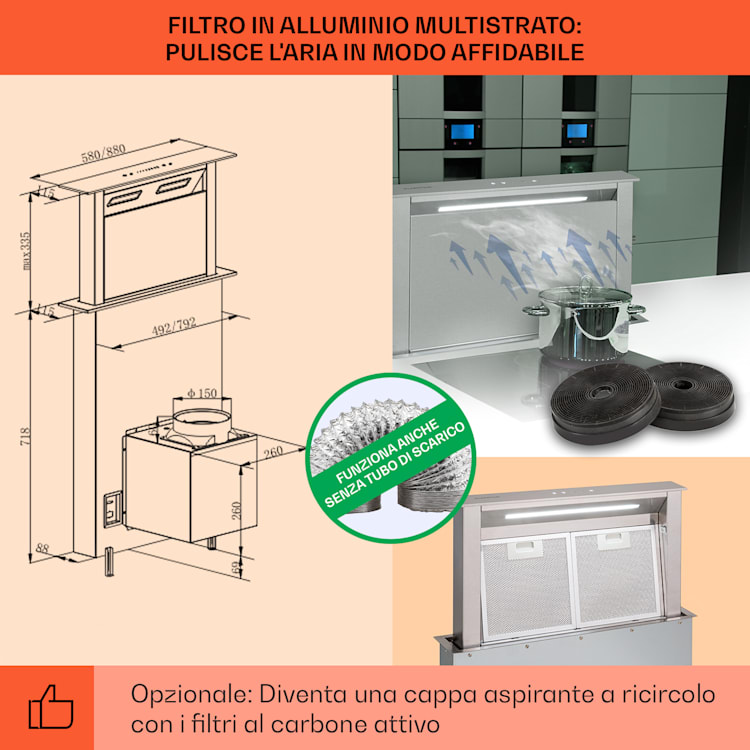 Royal Flush Eco cappa aspirante, 60 cm, 576 m³/h, A+ 60 cm | Acciaio inox | Acciaio inox