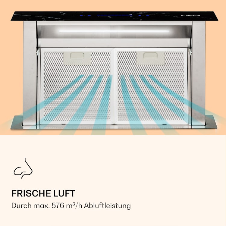 Royal Flush Eco Dunstabzugshaube 60 cm 576 m³/h A+ 60 cm | Schwarze Marmor-Optik | Edelstahl