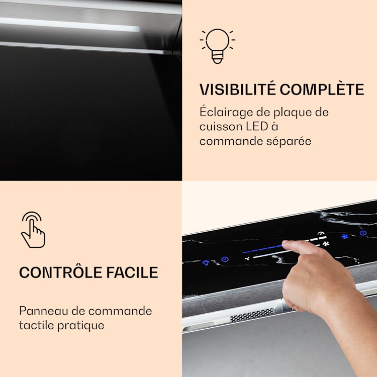 Hotte aspirante Royal Flush Eco 60 cm 576 m³/h A+ 60 cm | Effet de marbre noir | Acier Inoxydable