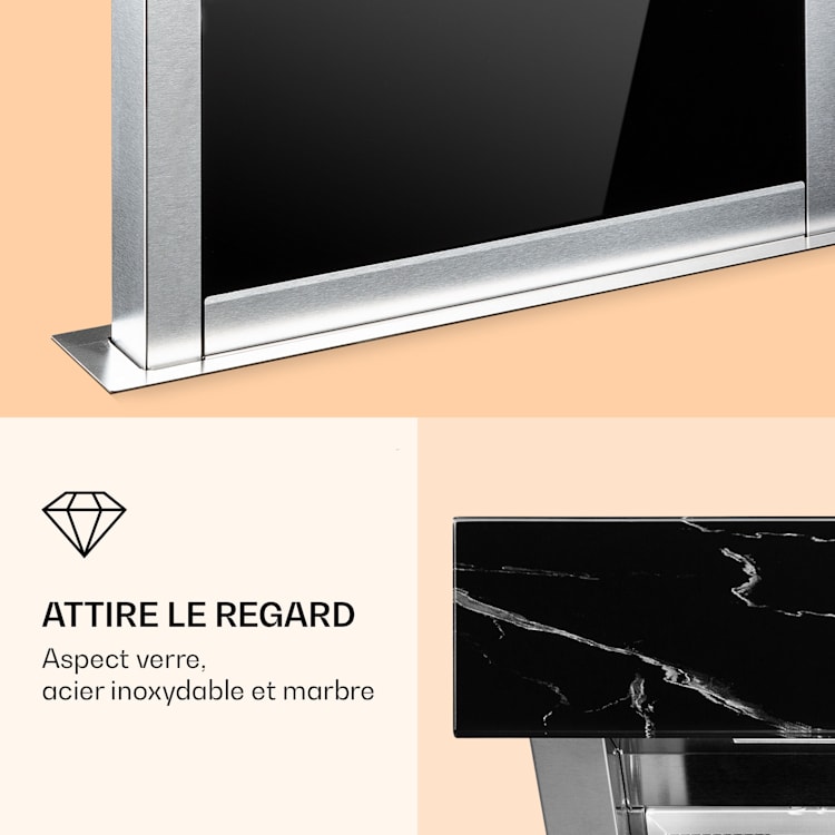 Hotte aspirante Royal Flush Eco 60 cm 576 m³/h A+ 60 cm | Effet de marbre noir | Acier Inoxydable