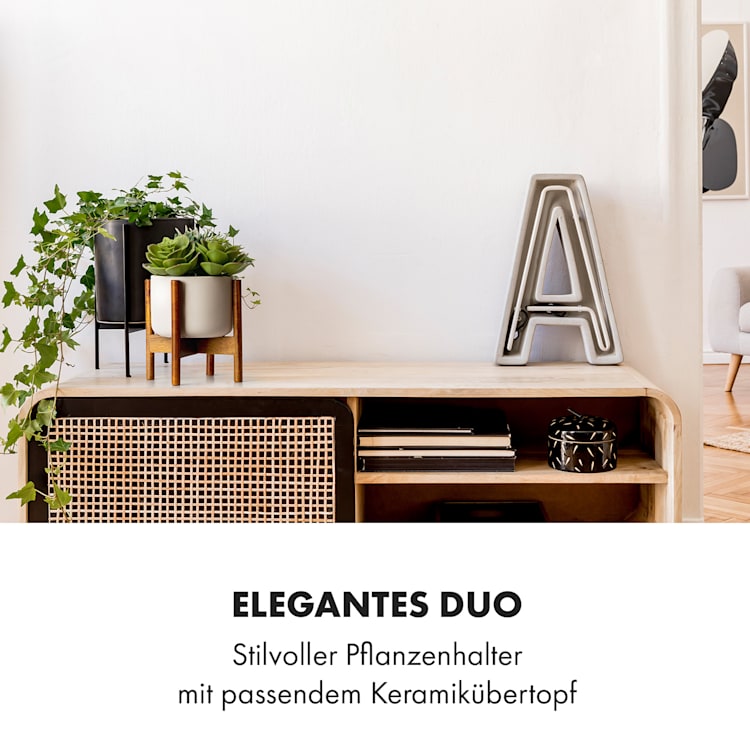 Thorn Blumentopf mit Ständer 50er Jahre Stil 2 Größen XS (Ø 8,9 cm) | Weiß / Akazie
