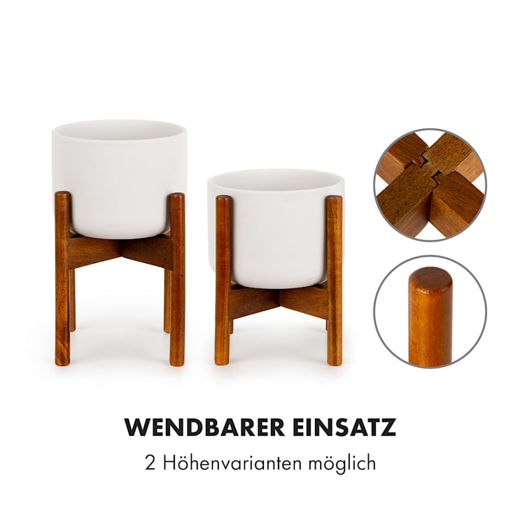 Thorn Blumentopf mit Ständer 50er Jahre Stil 2 Größen XS (Ø 8,9 cm) | Weiß / Akazie