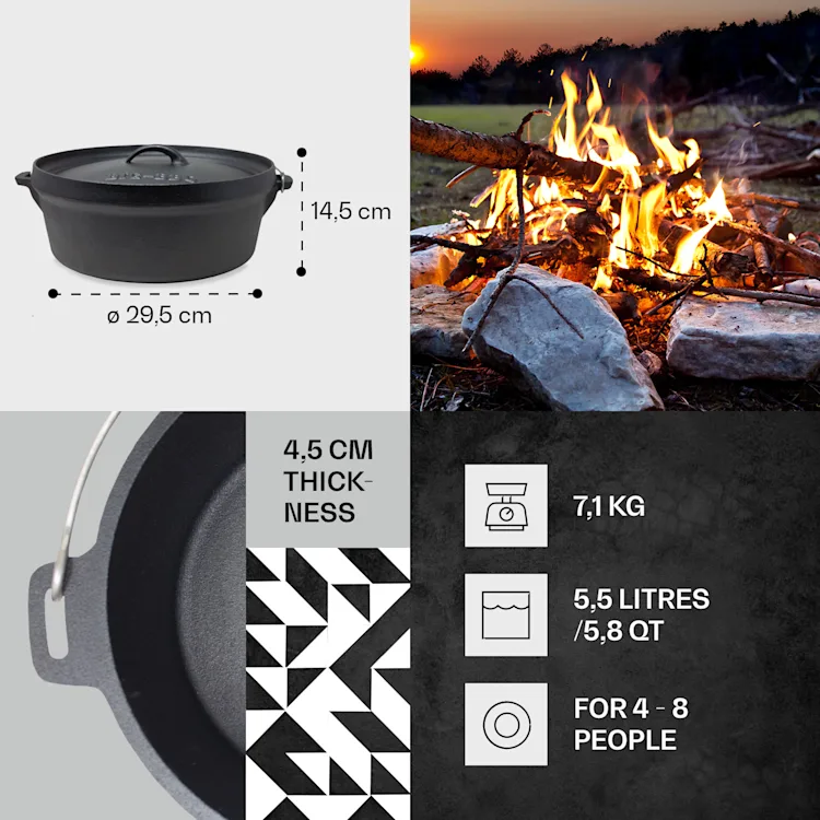 Galloway Dutch Oven 5.8 BBQ Pot Cast Iron Pre-Baked Size M / 5.8 qt ca. 5.5 Ltr / 5.8 qt | without feet