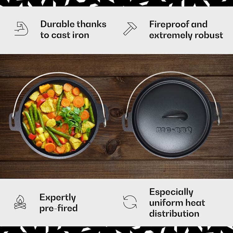 Galloway Dutch Oven 7.6 BBQ Pot Cast Iron Pre-Baked Size L / 7.6 qt ca. 8,5 Ltr / 9 qt | sans pieds