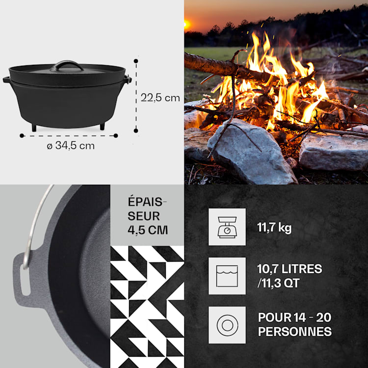 Galloway Dutch Oven 12.0 BBQ Pot Fonte Pieds de support Taille XL / 12 qt ca. 11,3 Ltr / 12 qt | pieds