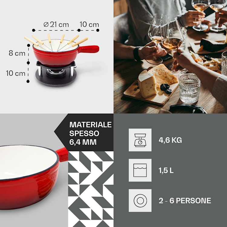 Holsten - Set per fonduta, pentola, fornello, bruciatore, 6 forchette, 1,5 L, ghisa Rosso