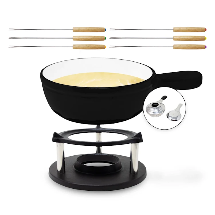 Holsten Fondue Set Pot Stove Burner 6 Forks 1.5 L Cast Iron Black