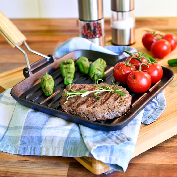 Retinta Grill and Steak Pan Square Cast Iron Pre-Baked Wooden Handle Square