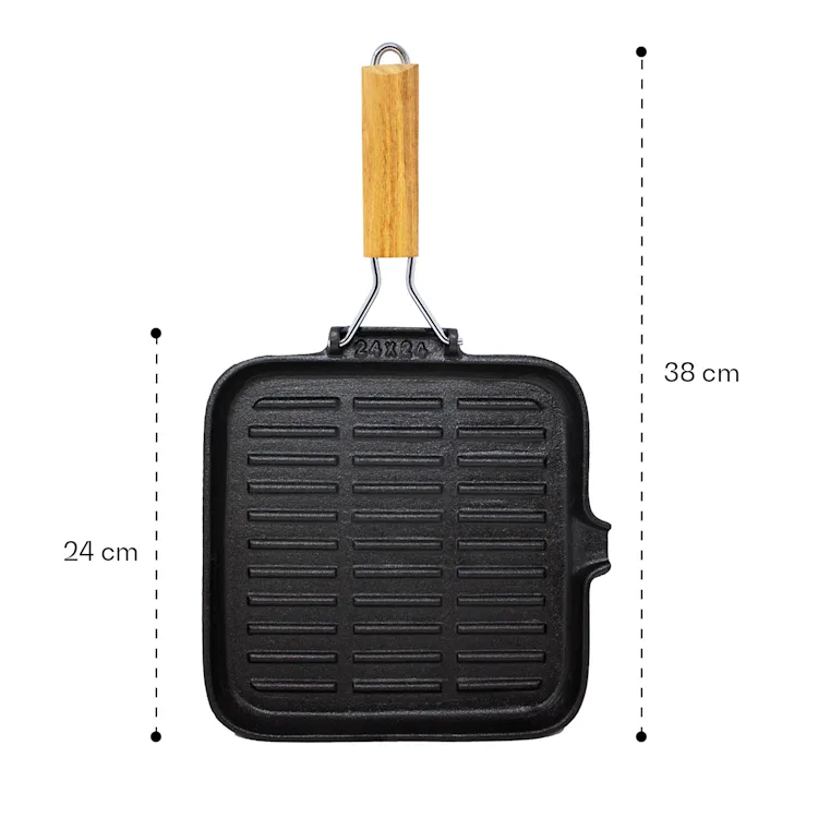 Retinta Grill and Steak Pan Square Cast Iron Pre-Baked Wooden Handle Square