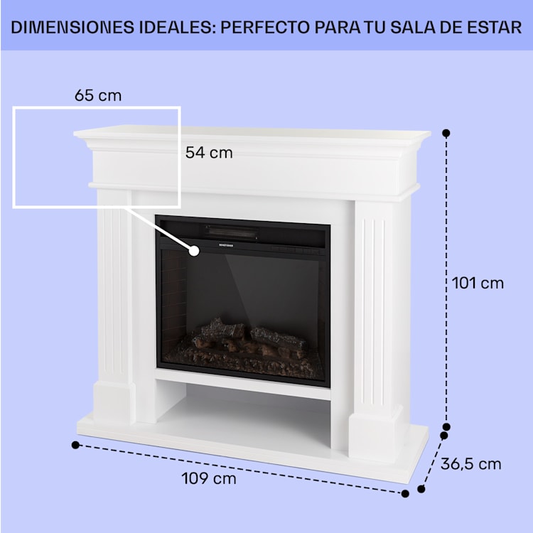 Las Pilas Chimenea eléctrica Calefactor ventilador 900/1800W Temporizador semanal Mando a distancia Blanco