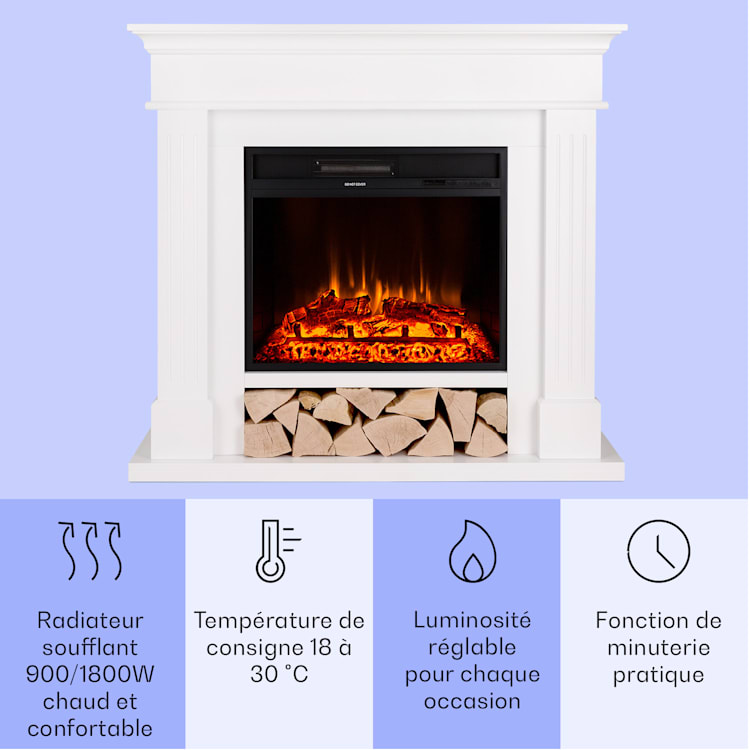 Las Pilas cheminée électrique radiateur soufflant 900/1800 W télécommande minuterie hebdomadaire Blanc