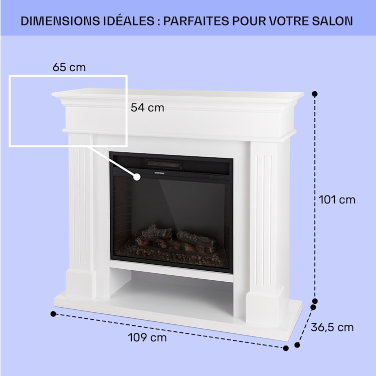 Las Pilas cheminée électrique radiateur soufflant 900/1800 W télécommande minuterie hebdomadaire Blanc