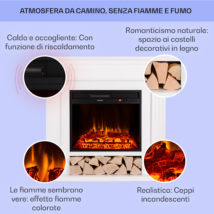 Las Pilas - Camino elettrico, ventola riscaldante, 900/1800 W, timer settimanale, telecomando Bianco