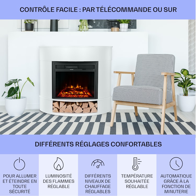 Loloru cheminée électrique radiateur soufflant 900/1800 W minuterie hebdomadaire télécommande Blanc