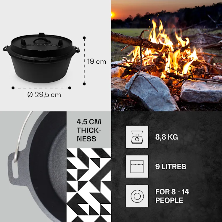 Guernsey Premium Dutch Oven 9.0 BBQ Pot Cast Iron Pre-Baked Size L / 9 qt ca. 8,5 Ltr / 9 qt | without feet