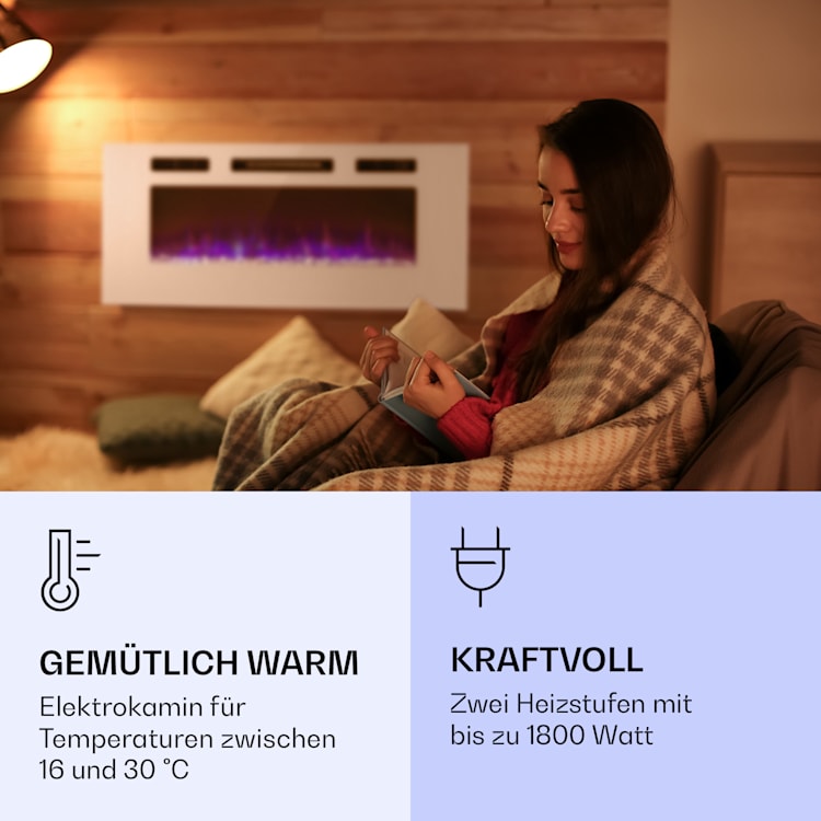Galeras Elektrischer Wand- und Einbaukamin 1800 W LED 3 Farben Timer 102 x 47 x 13 cm | Weiß