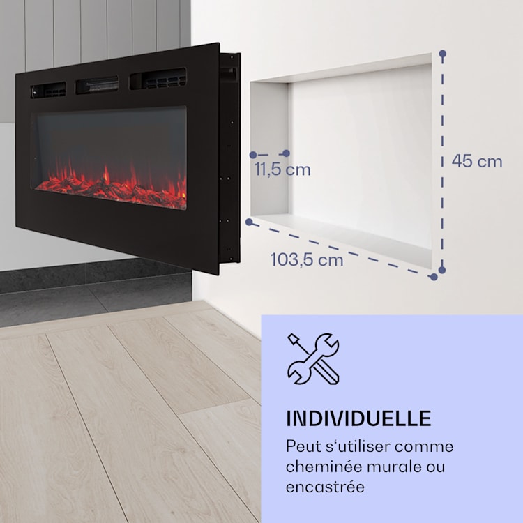 Galeras Foyer électrique mural et encastrable 1800 W LED 3 couleurs minuterie 127 x 47 x 13 cm | Noir