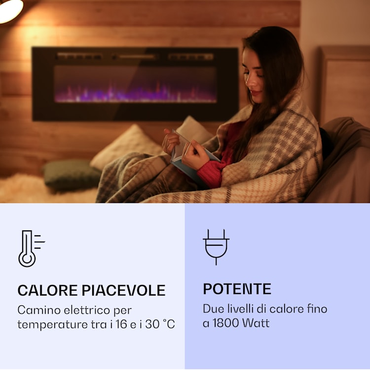 Galeras - Camino elettrico da parete e da incasso, 1800 W, LED, 3 colori, timer 127 x 47 x 13 cm | Nero