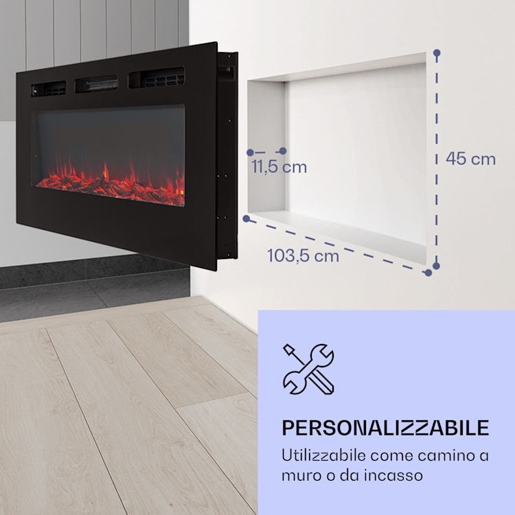 Galeras - Camino elettrico da parete e da incasso, 1800 W, LED, 3 colori, timer 127 x 47 x 13 cm | Nero