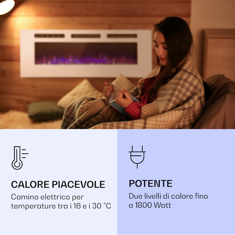 Galeras - Camino elettrico da parete e da incasso, 1800 W, LED, 3 colori, timer 127 x 47 x 13 cm | Bianco
