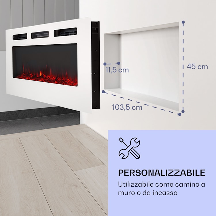 Galeras - Camino elettrico da parete e da incasso, 1800 W, LED, 3 colori, timer 127 x 47 x 13 cm | Bianco