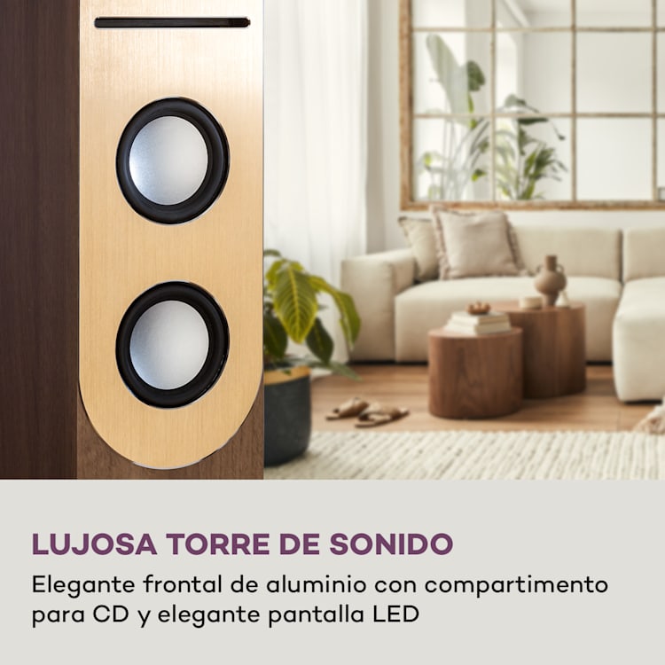 Berklee Altavoz de torre 2 x 10 W RMS Radio FM Reproductor de CD Bluetootht Puerto USB Ranura SD/MMC Nuez