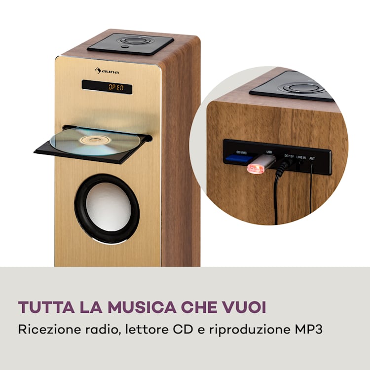 Berklee - Altoparlante a torre, 2 x 10 W RMS, radio FM, lettore CD, Bluetooth, porte USB e SD/MMC Noce