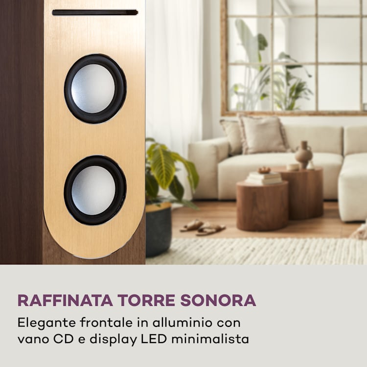 Berklee - Altoparlante a torre, 2 x 10 W RMS, radio FM, lettore CD, Bluetooth, porte USB e SD/MMC Noce