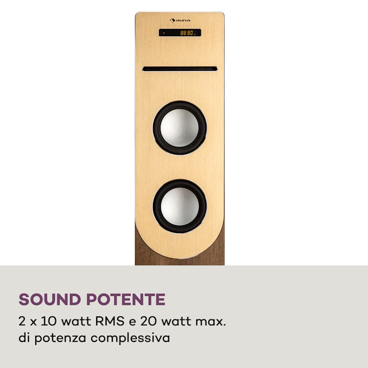 Berklee - Altoparlante a torre, 2 x 10 W RMS, radio FM, lettore CD, Bluetooth, porte USB e SD/MMC Noce