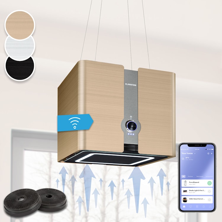 Futurelight Smart Inselabzugshaube Umluft 420m³/h LED Edelstahl Gold