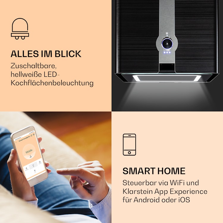 Futurelight Smart Inselabzugshaube Umluft 420m³/h LED Edelstahl Schwarz
