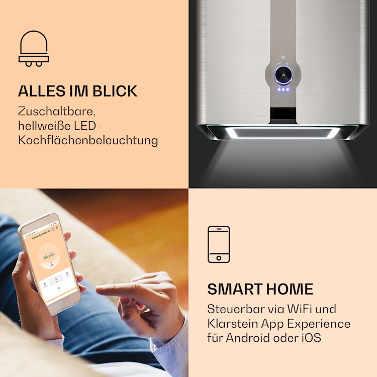 Futurelight Smart Inselabzugshaube Umluft 420m³/h LED Edelstahl Silber