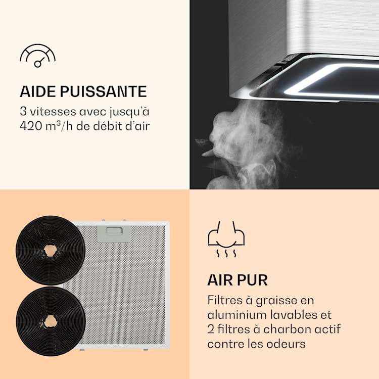 Futurelight Smart hotte d'îlot à recyclage d'air 420 m³/h LED acier inoxydable Argent