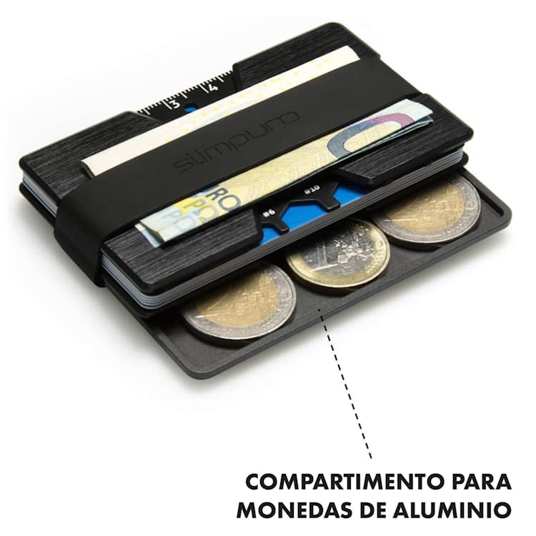 NANO Slim Wallet cartera extraplana 12 tarjetas compartimento para monedas aluminio Negro