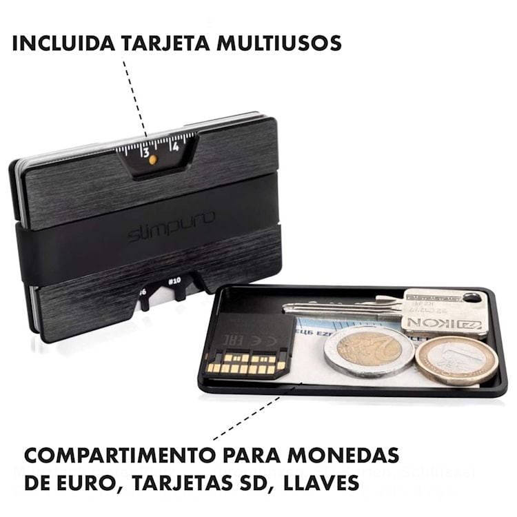 NANO Slim Wallet cartera extraplana 12 tarjetas compartimento para monedas aluminio Negro