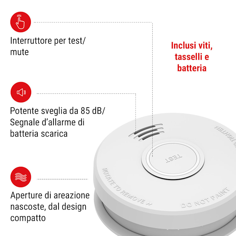 Rilevatore di fumo DOF19, plastica, segnale d'allarme: 85 dB, 9V, a batteria
