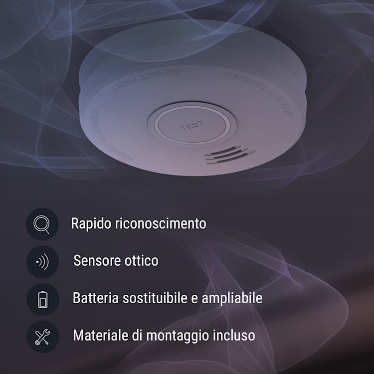 Rilevatore di fumo DOF19, plastica, segnale d'allarme: 85 dB, 9V, a batteria