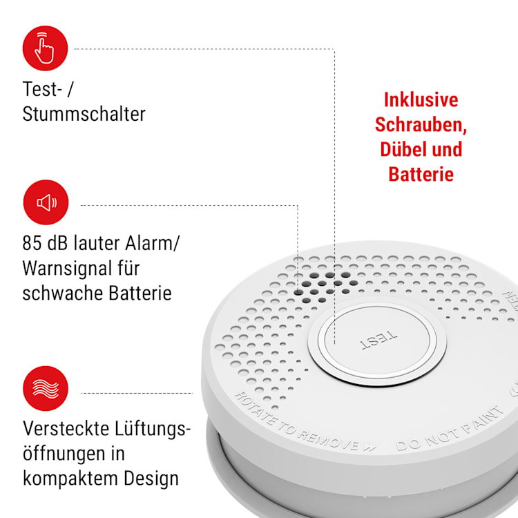 Rilevatore di fumo DOF19, plastica, segnale d'allarme: 85 dB, 9V, a batteria set da 10