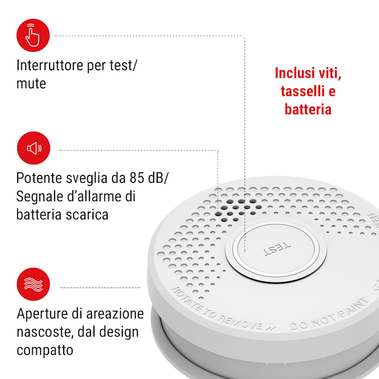 Rilevatore di fumo DOF19, plastica, segnale d'allarme: 85 dB, 9V, a batteria